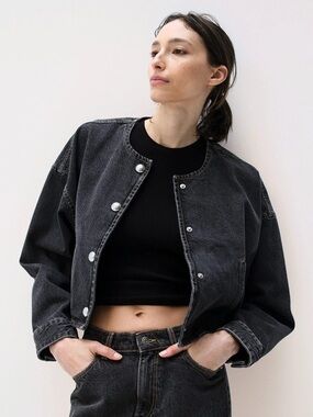 H&M Charcoal Washed Cropped Denim Jacket